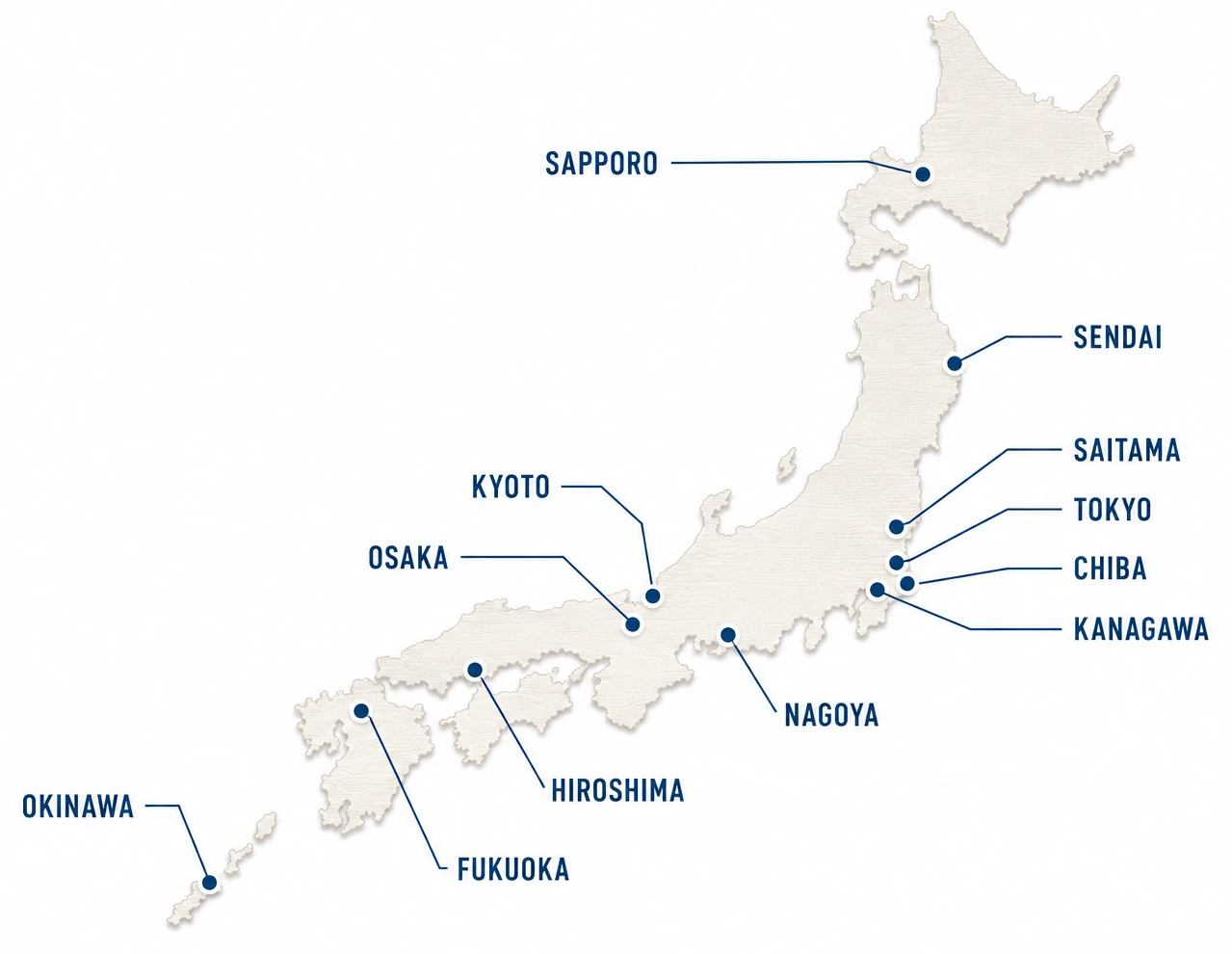 Map of Japan marking Cafe for Christ's twelve vision cities: Sapporo, Sendai, Saitama, Tokyo, Chiba, Kanagawa, Nagoya, Kyoto, Osaka, Hiroshima, Fukuoka, and Okinawa.